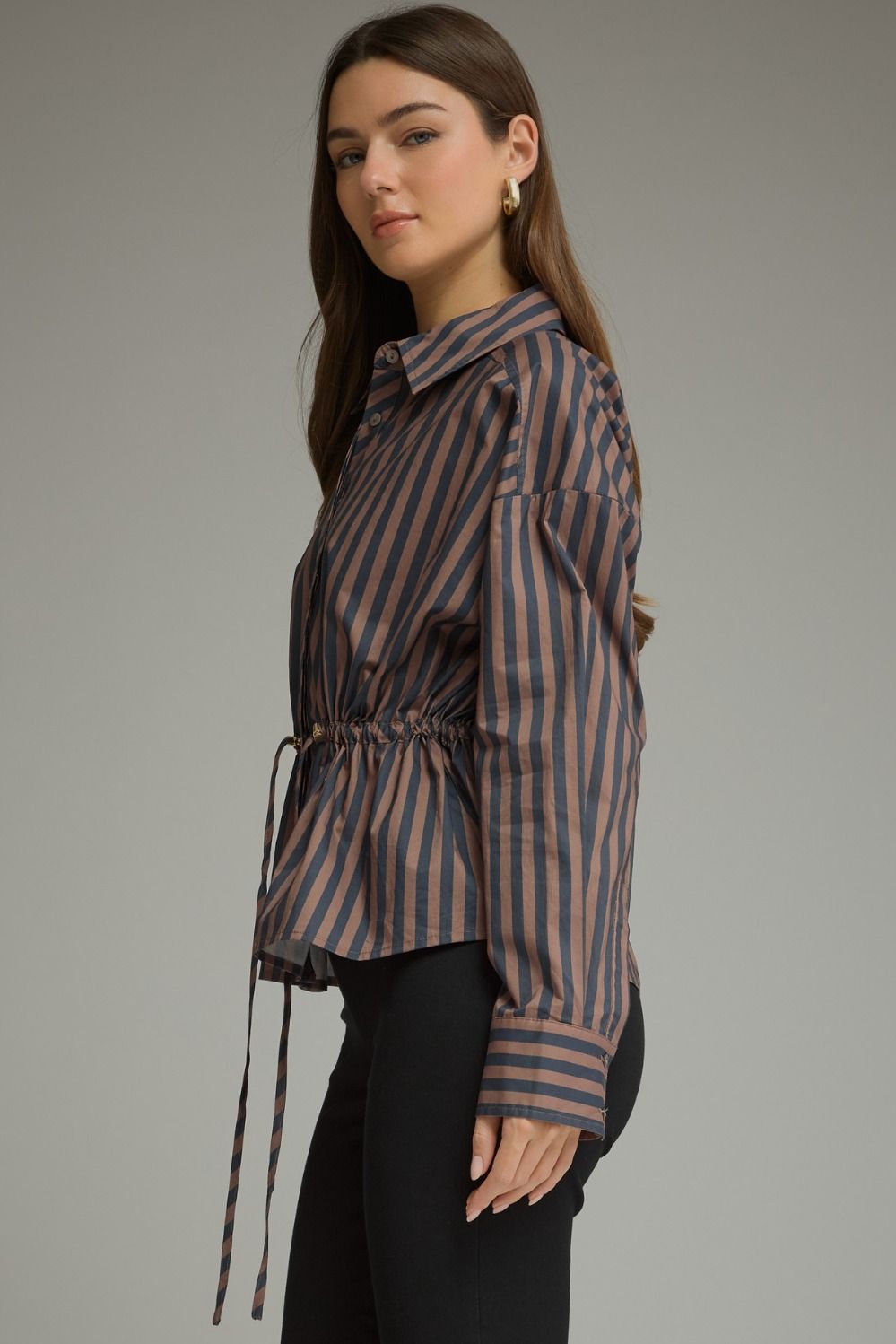 Drawstring Waist Blouse - Navy/Brown