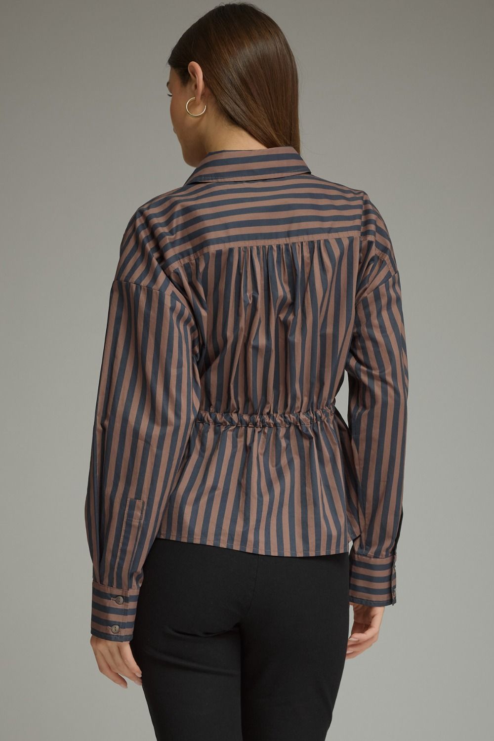 Drawstring Waist Blouse - Navy/Brown