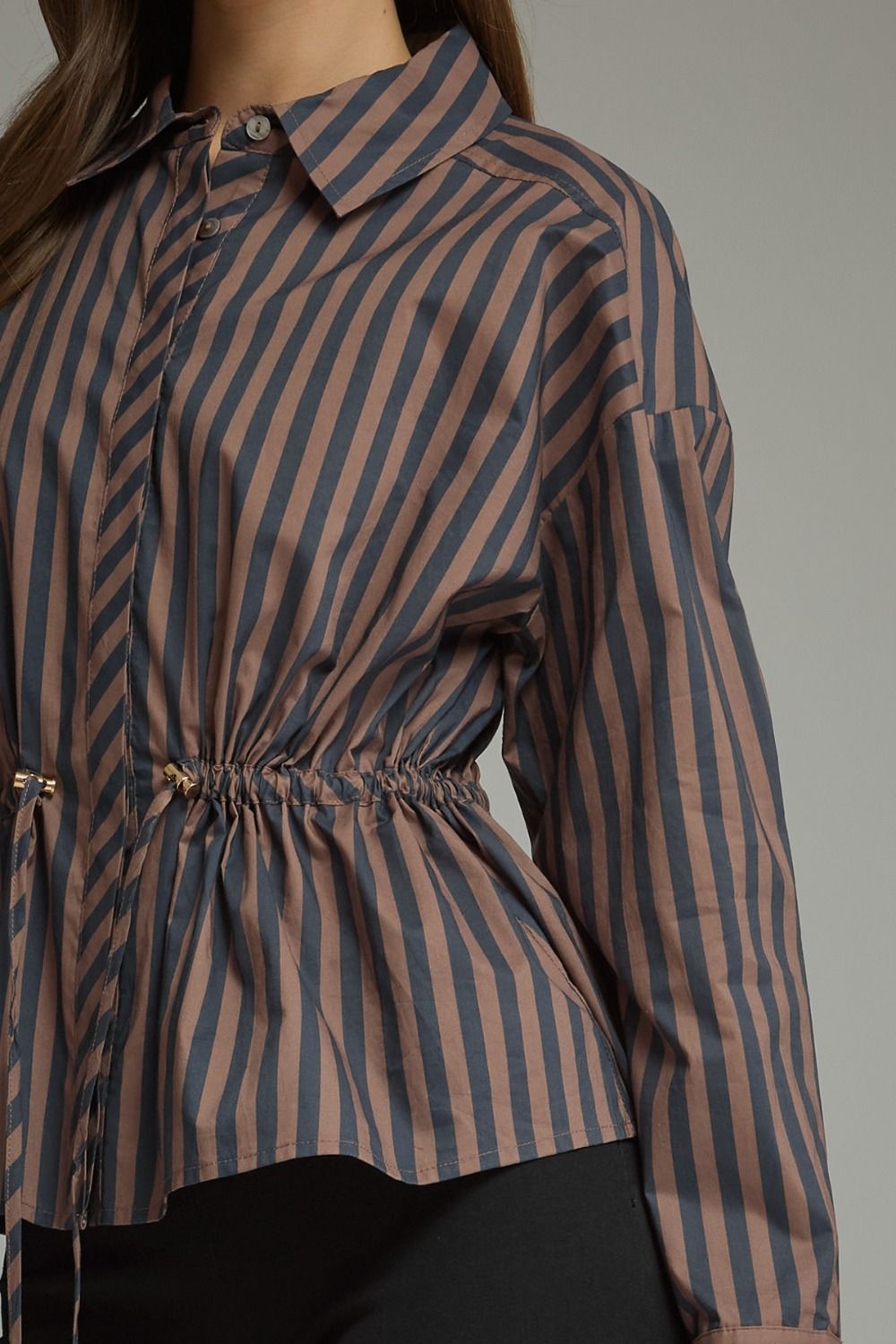 Drawstring Waist Blouse - Navy/Brown