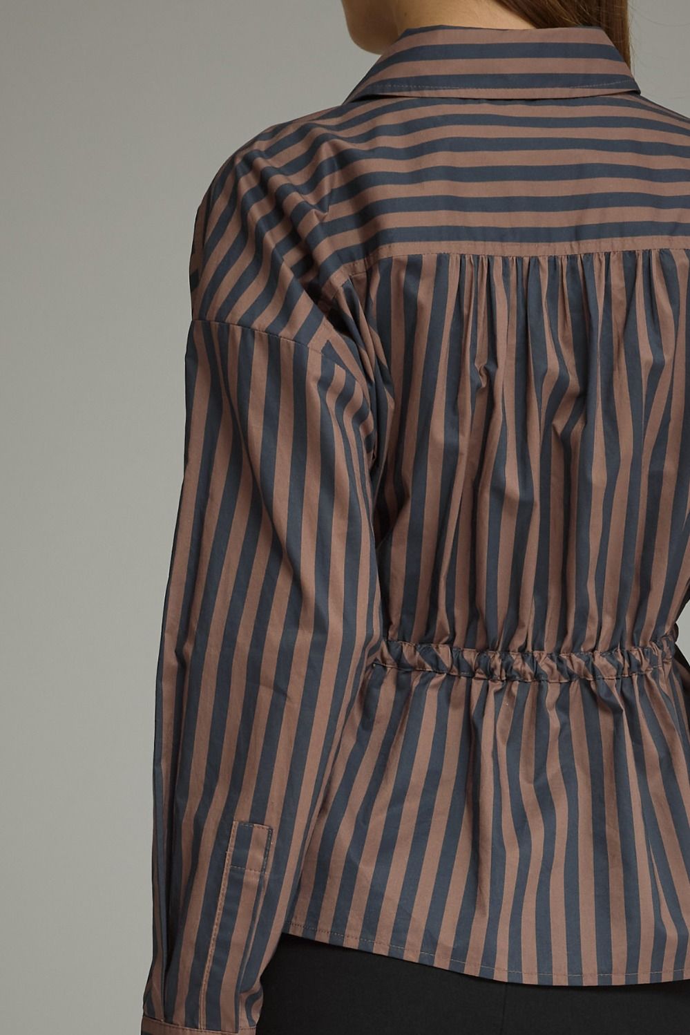 Drawstring Waist Blouse - Navy/Brown