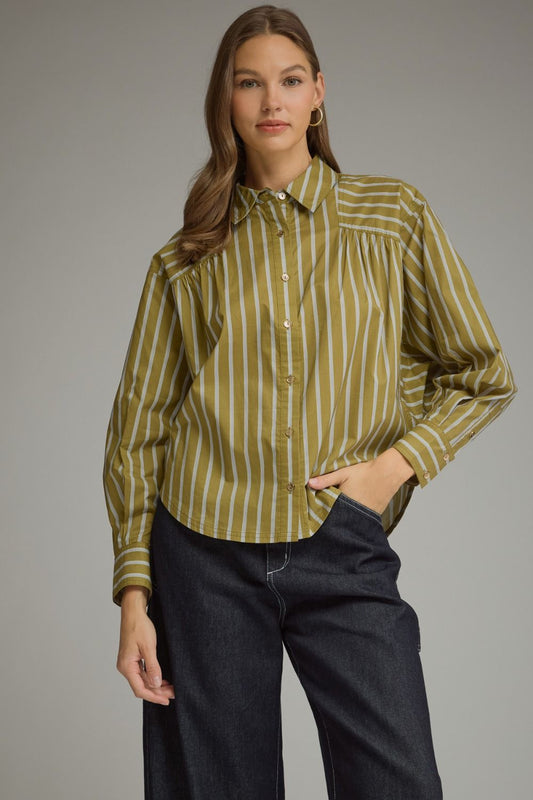 Stripe Long Sleeve Button Front Shirt - Martini Olive