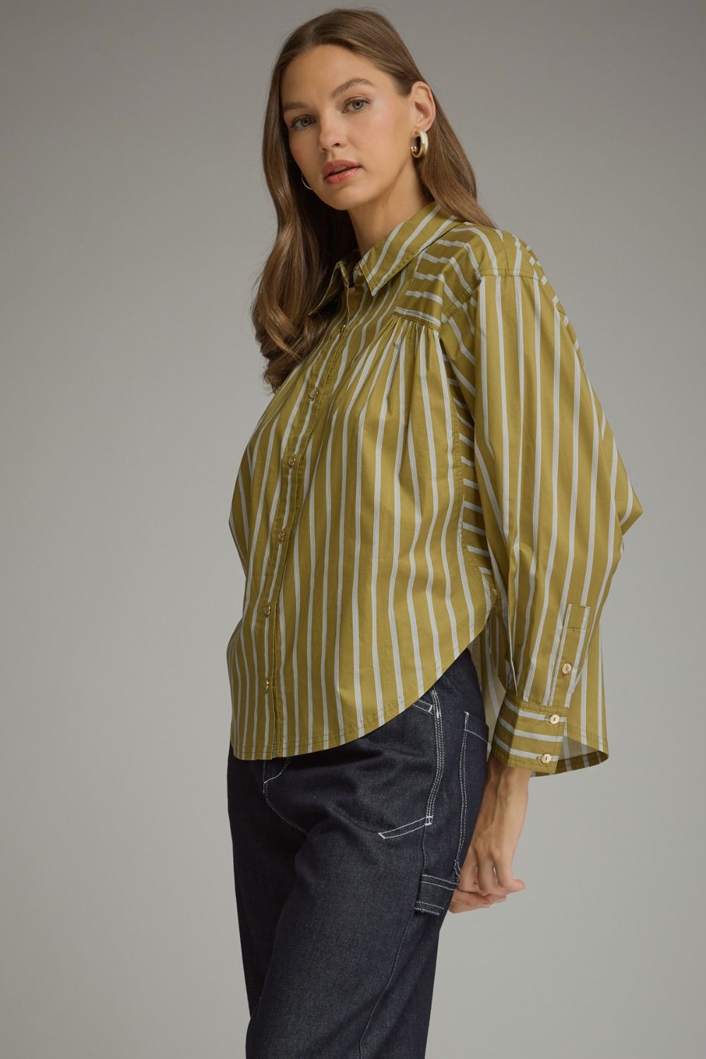 Stripe Long Sleeve Button Front Shirt - Martini Olive