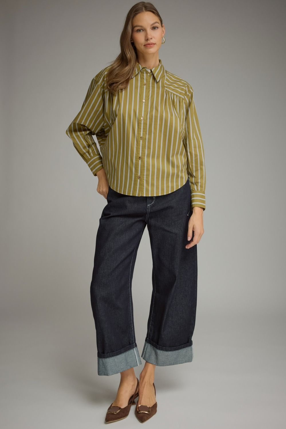 Stripe Long Sleeve Button Front Shirt - Martini Olive