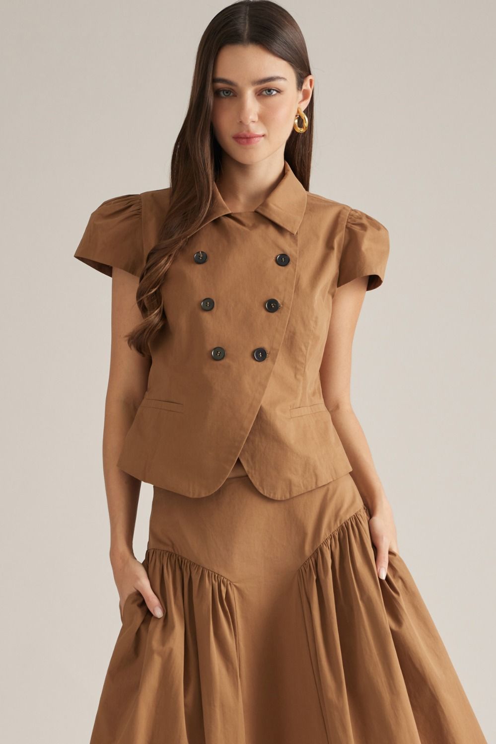 V-Shaped Waist Detail Solid Midi Skirt - Camel