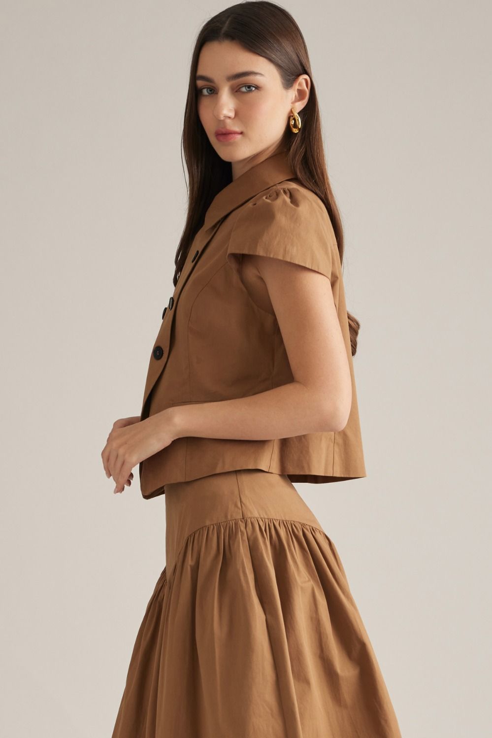 V-Shaped Waist Detail Solid Midi Skirt - Camel