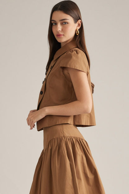 V-Shaped Waist Detail Solid Midi Skirt - Camel