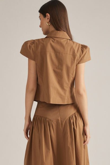 V-Shaped Waist Detail Solid Midi Skirt - Camel