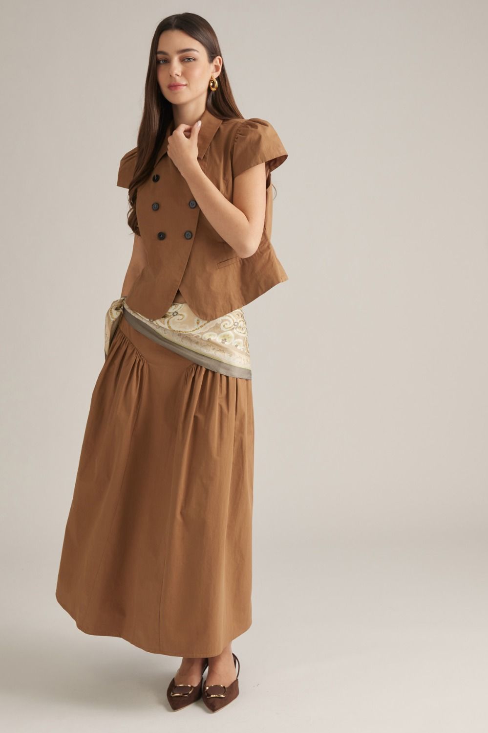 V-Shaped Waist Detail Solid Midi Skirt - Camel