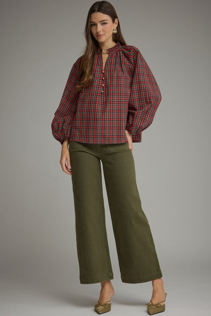 Plaid Long Balloon Sleeve Top - Red