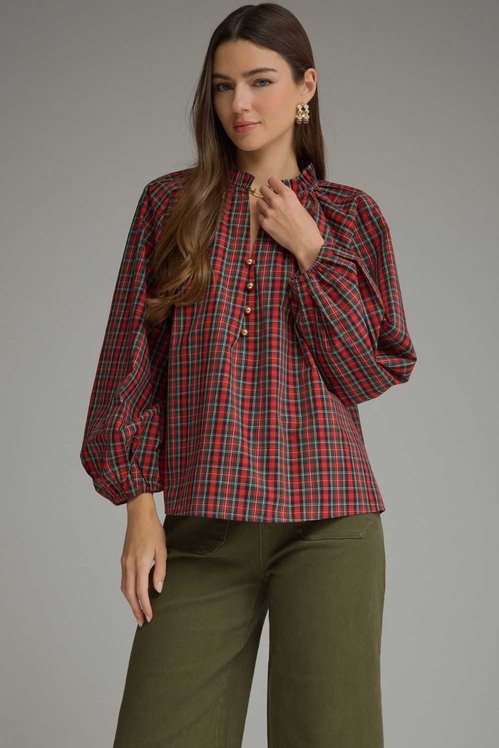 Plaid Long Balloon Sleeve Top - Red