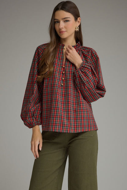 Plaid Long Balloon Sleeve Top - Red
