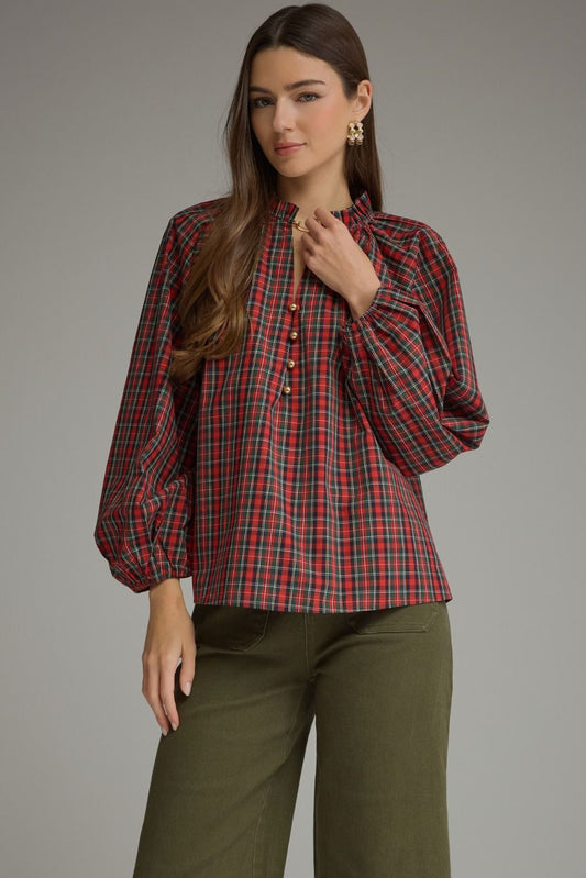 Plaid Long Balloon Sleeve Top - Red