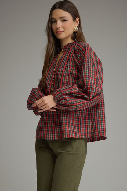 Plaid Long Balloon Sleeve Top - Red