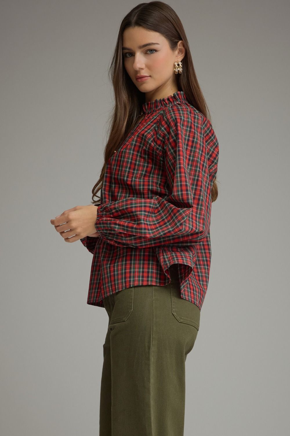 Plaid Long Balloon Sleeve Top - Red