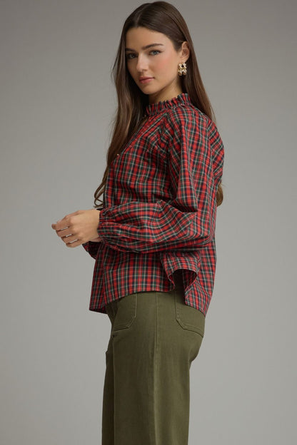 Plaid Long Balloon Sleeve Top - Red