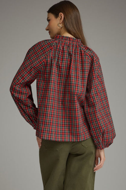 Plaid Long Balloon Sleeve Top - Red