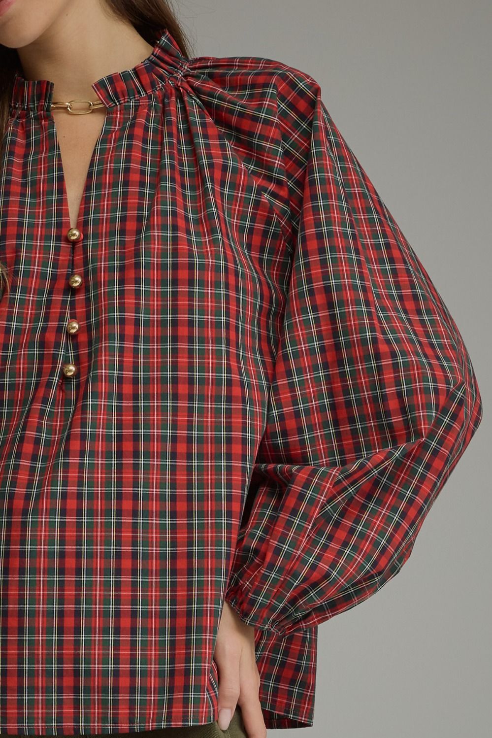 Plaid Long Balloon Sleeve Top - Red