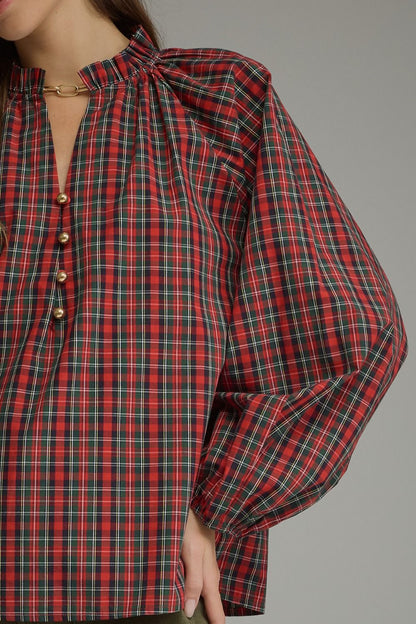 Plaid Long Balloon Sleeve Top - Red
