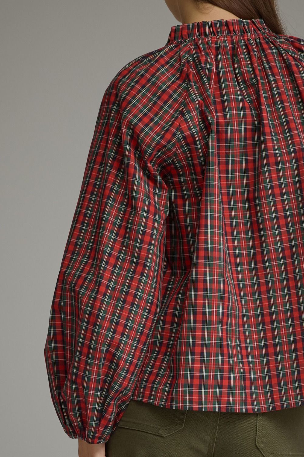 Plaid Long Balloon Sleeve Top - Red