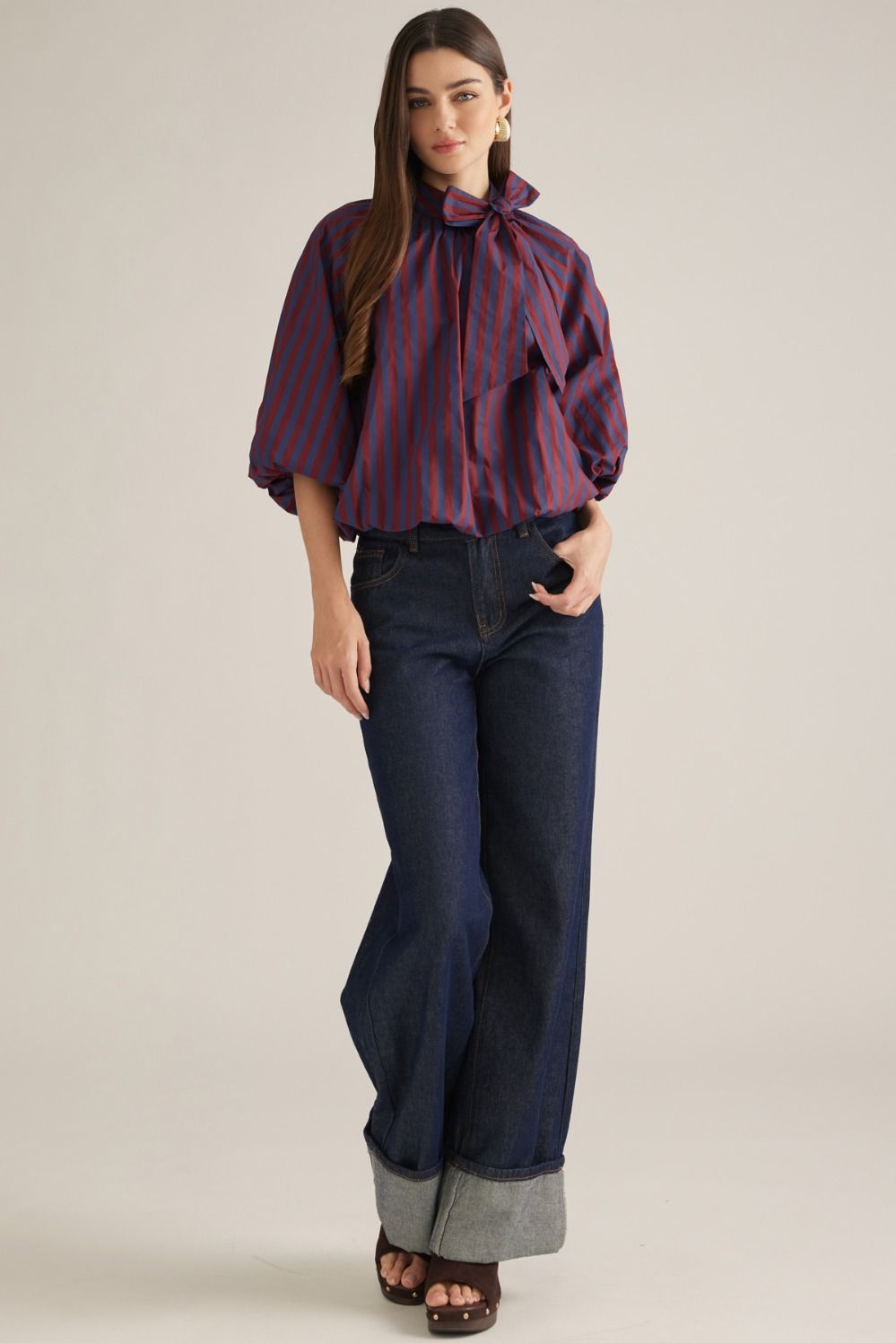 Stripe 3/4 Poncho Sleeve Top - Wine/Navy