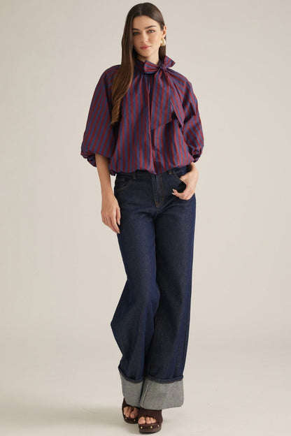 Stripe 3/4 Poncho Sleeve Top - Wine/Navy