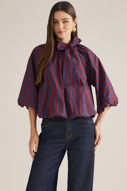 Stripe 3/4 Poncho Sleeve Top - Wine/Navy