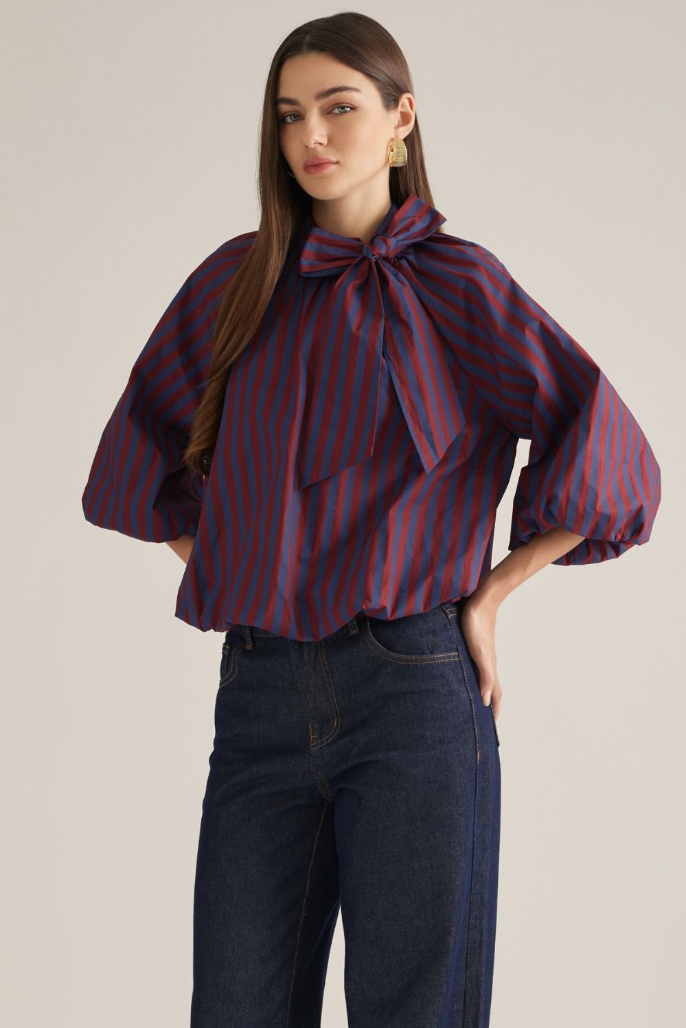 Stripe 3/4 Poncho Sleeve Top - Wine/Navy
