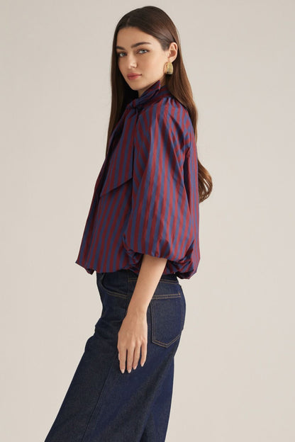 Stripe 3/4 Poncho Sleeve Top - Wine/Navy