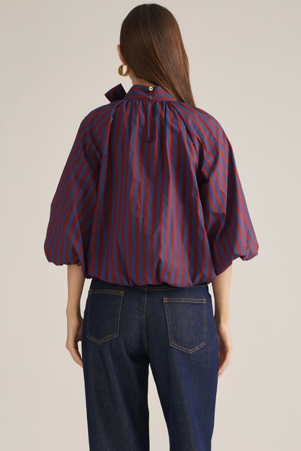Stripe 3/4 Poncho Sleeve Top - Wine/Navy