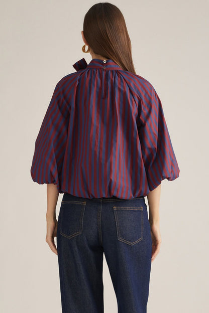 Stripe 3/4 Poncho Sleeve Top - Wine/Navy