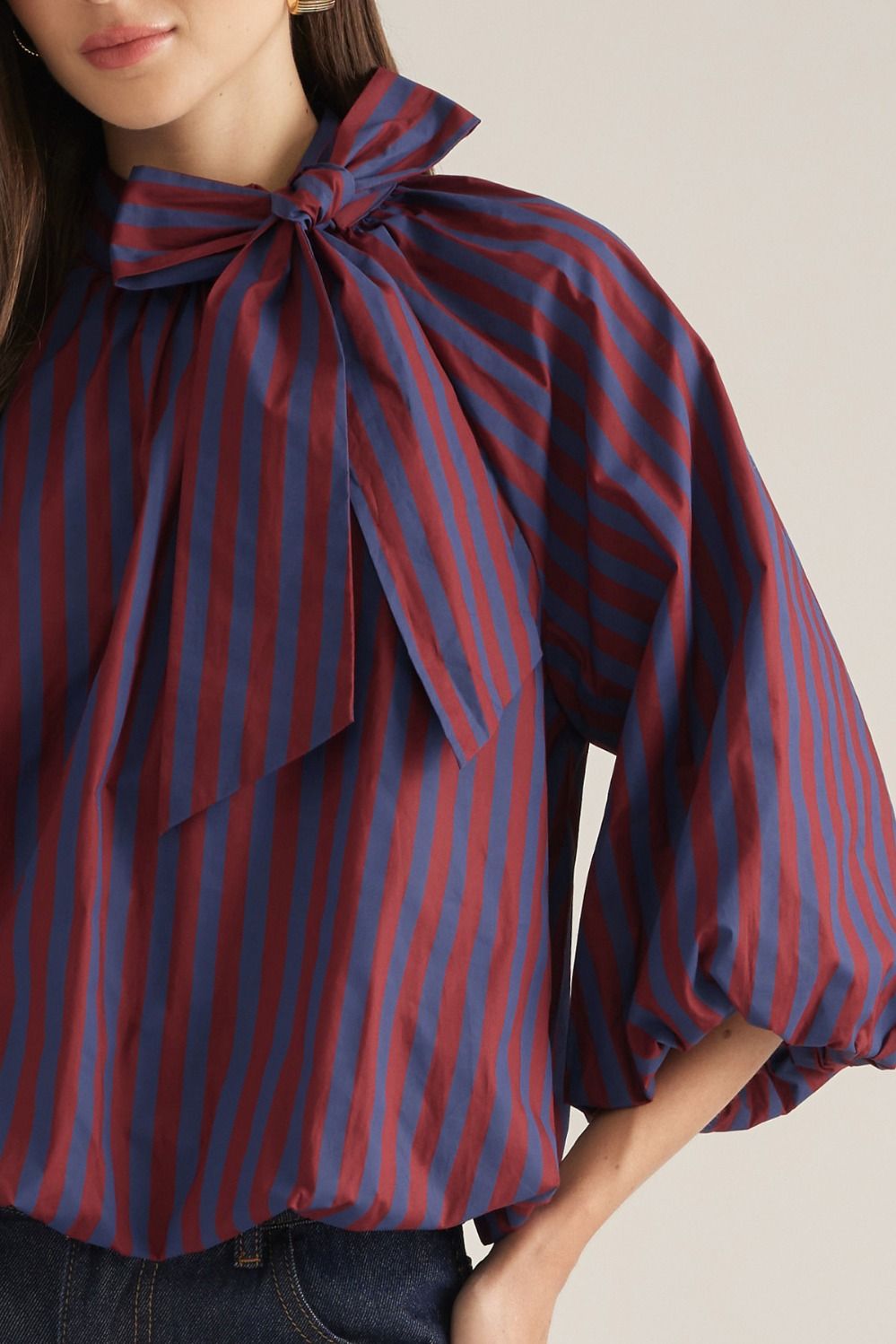 Stripe 3/4 Poncho Sleeve Top - Wine/Navy