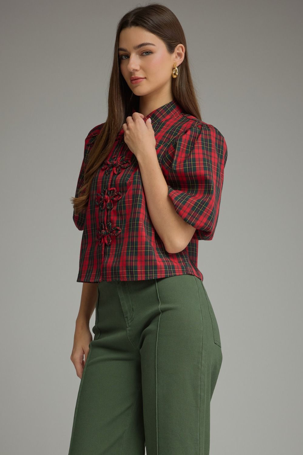 Plaid Short Puff Sleeve Top - Red