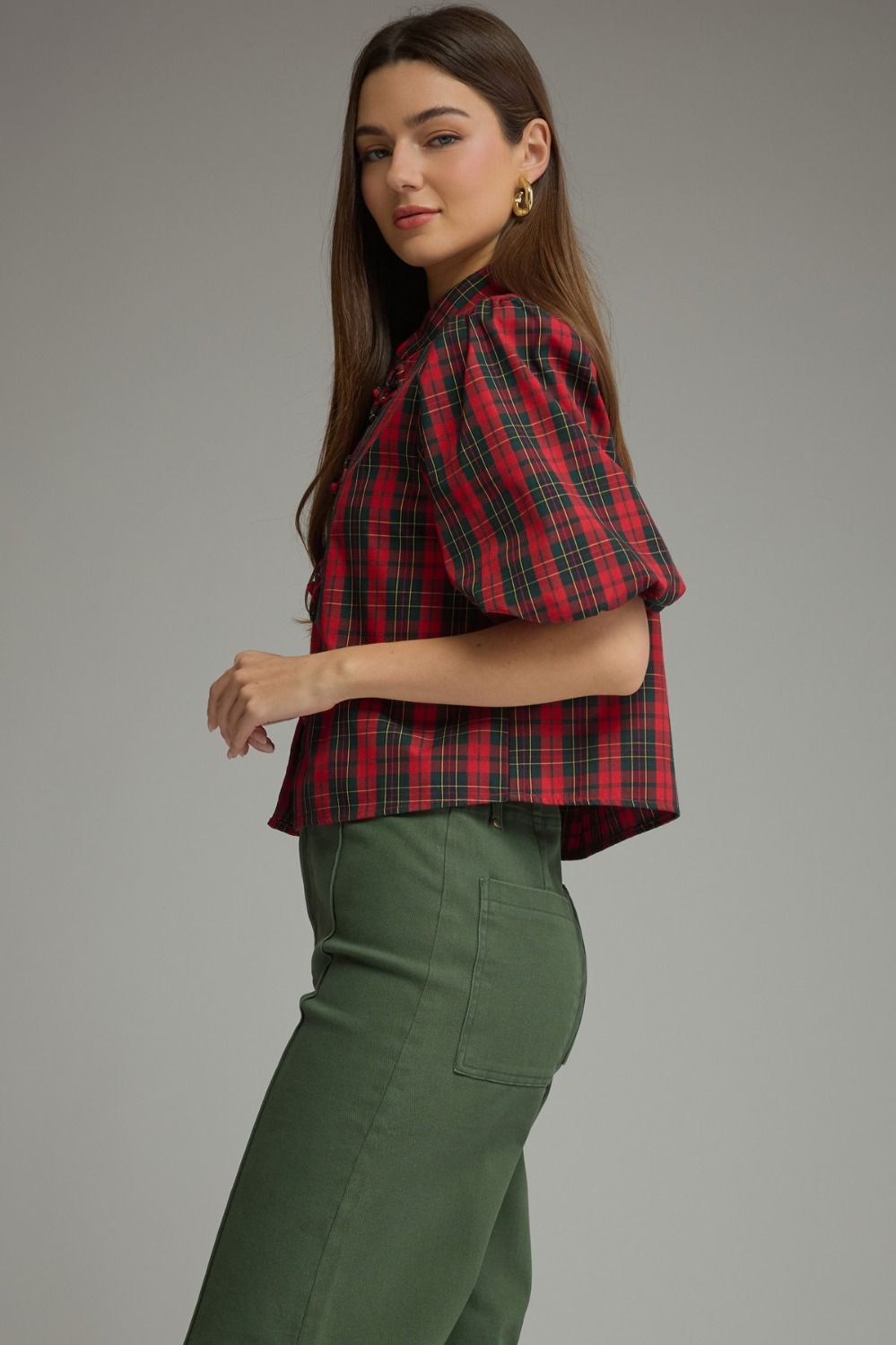 Plaid Short Puff Sleeve Top - Red