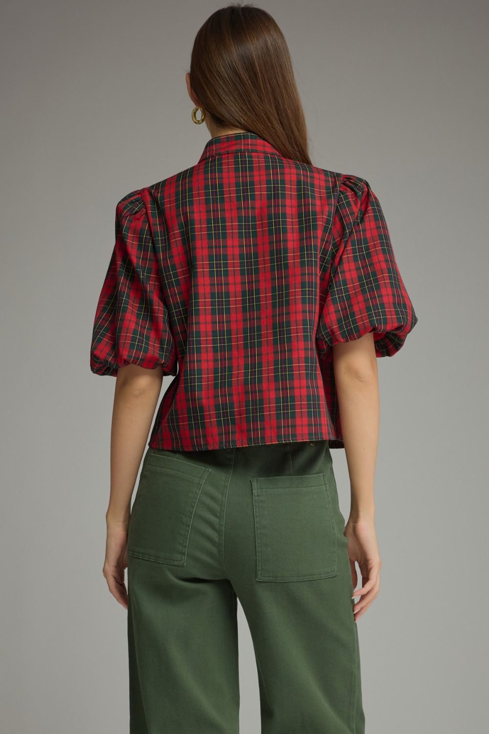 Plaid Short Puff Sleeve Top - Red