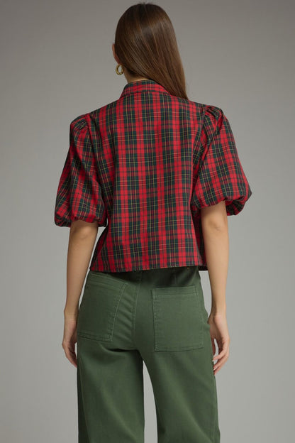 Plaid Short Puff Sleeve Top - Red