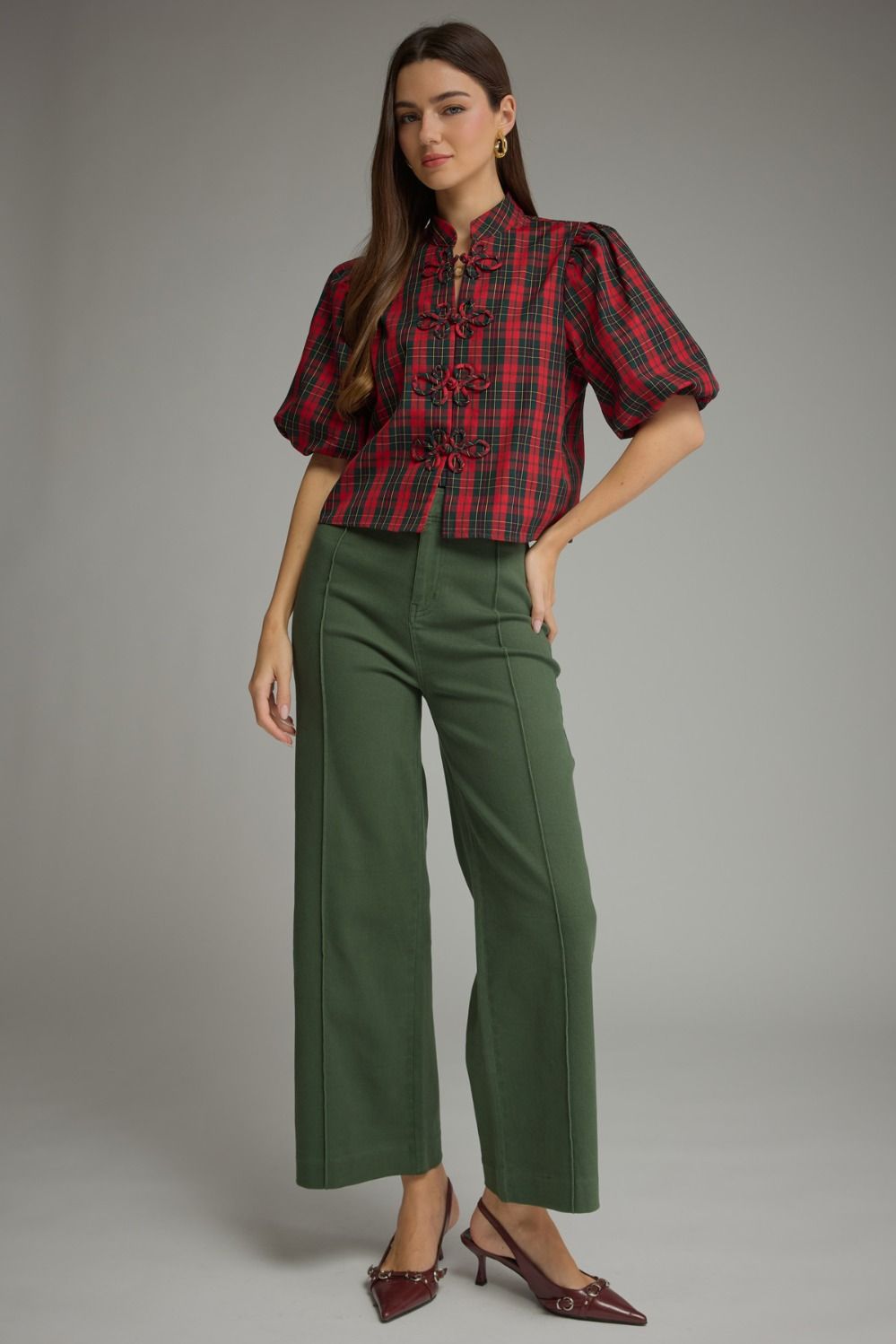 Plaid Short Puff Sleeve Top - Red