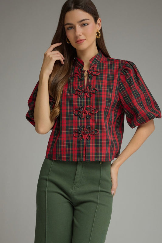 Plaid Short Puff Sleeve Top - Red