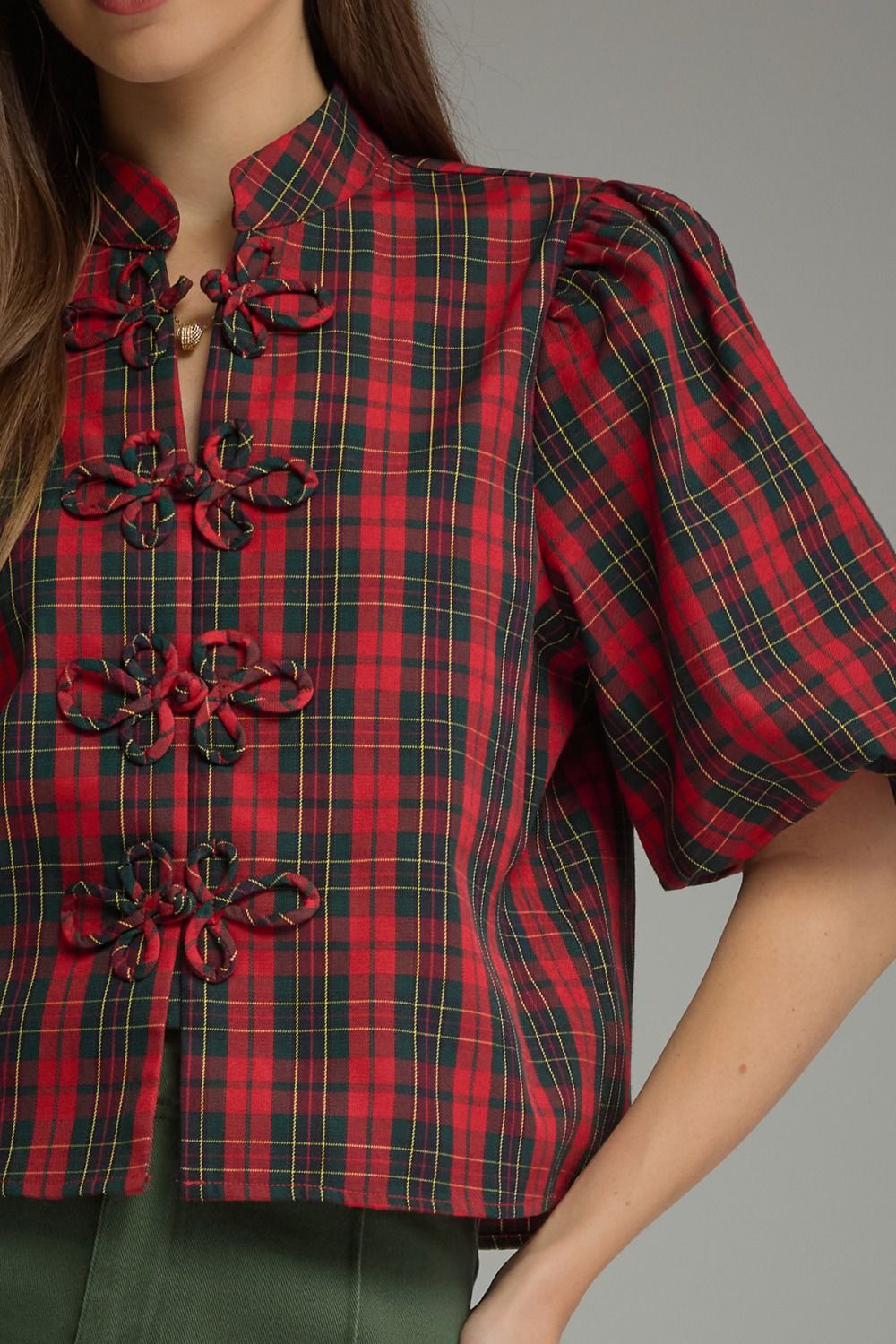 Plaid Short Puff Sleeve Top - Red