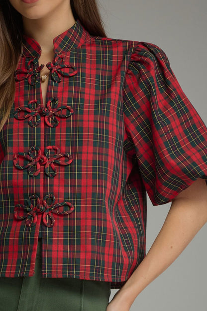 Plaid Short Puff Sleeve Top - Red