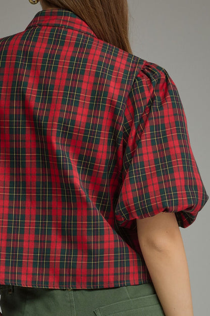 Plaid Short Puff Sleeve Top - Red