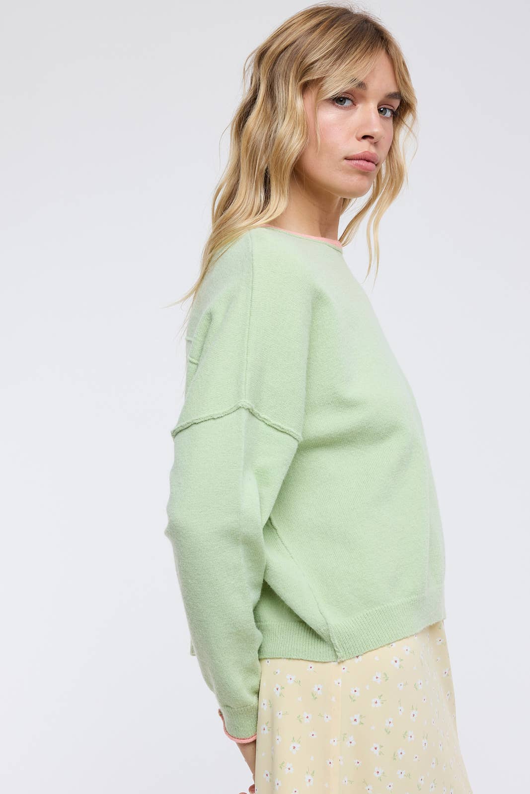 Brushed Contrast Boat Neck Sweater - Matcha/Melon