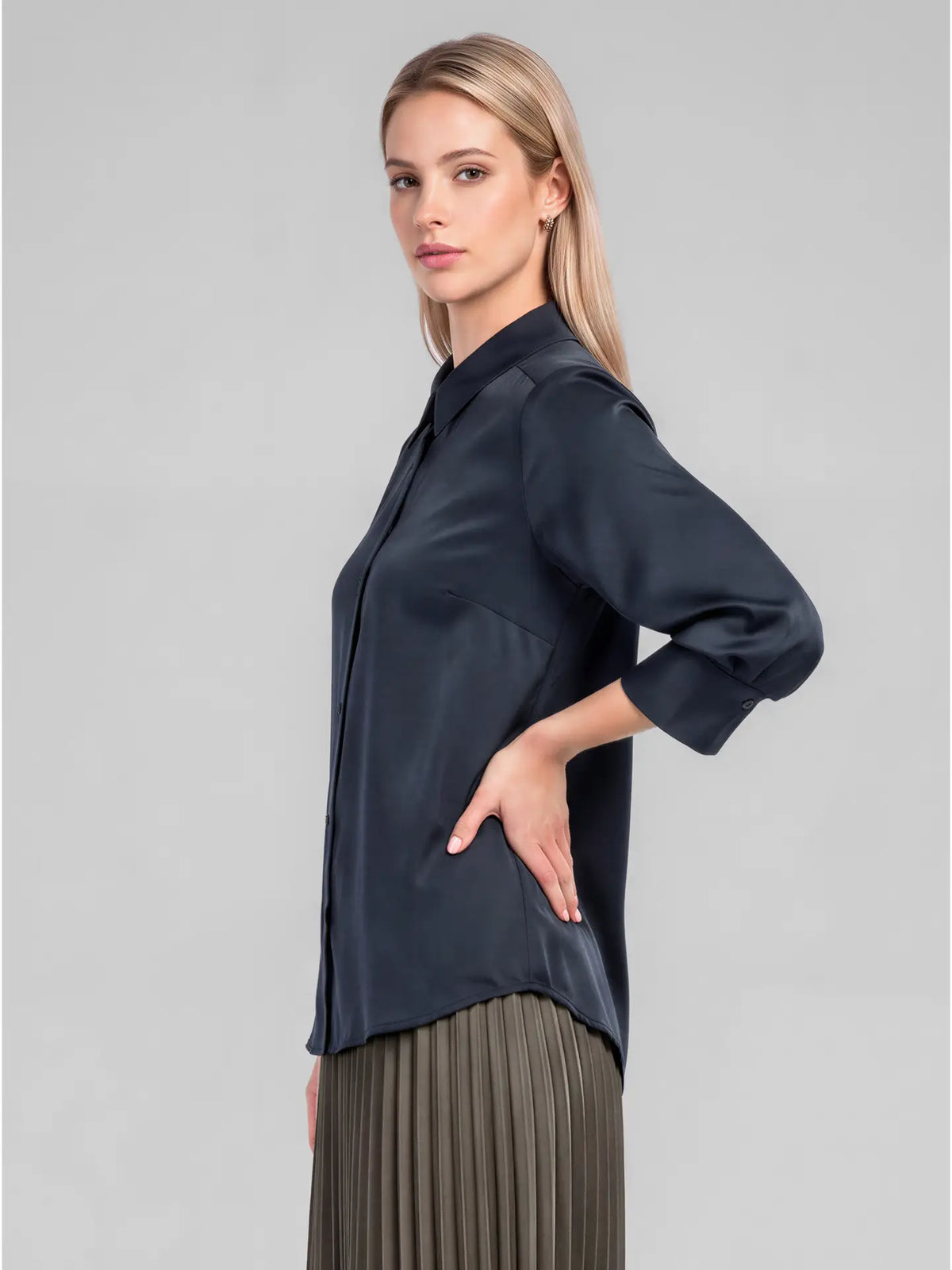 Satin 3/4 Sleeve Button-Down Shirt - Dark Navy