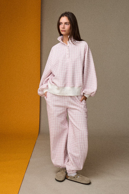 Gingham Quarter-snap Pullover - Pink/White