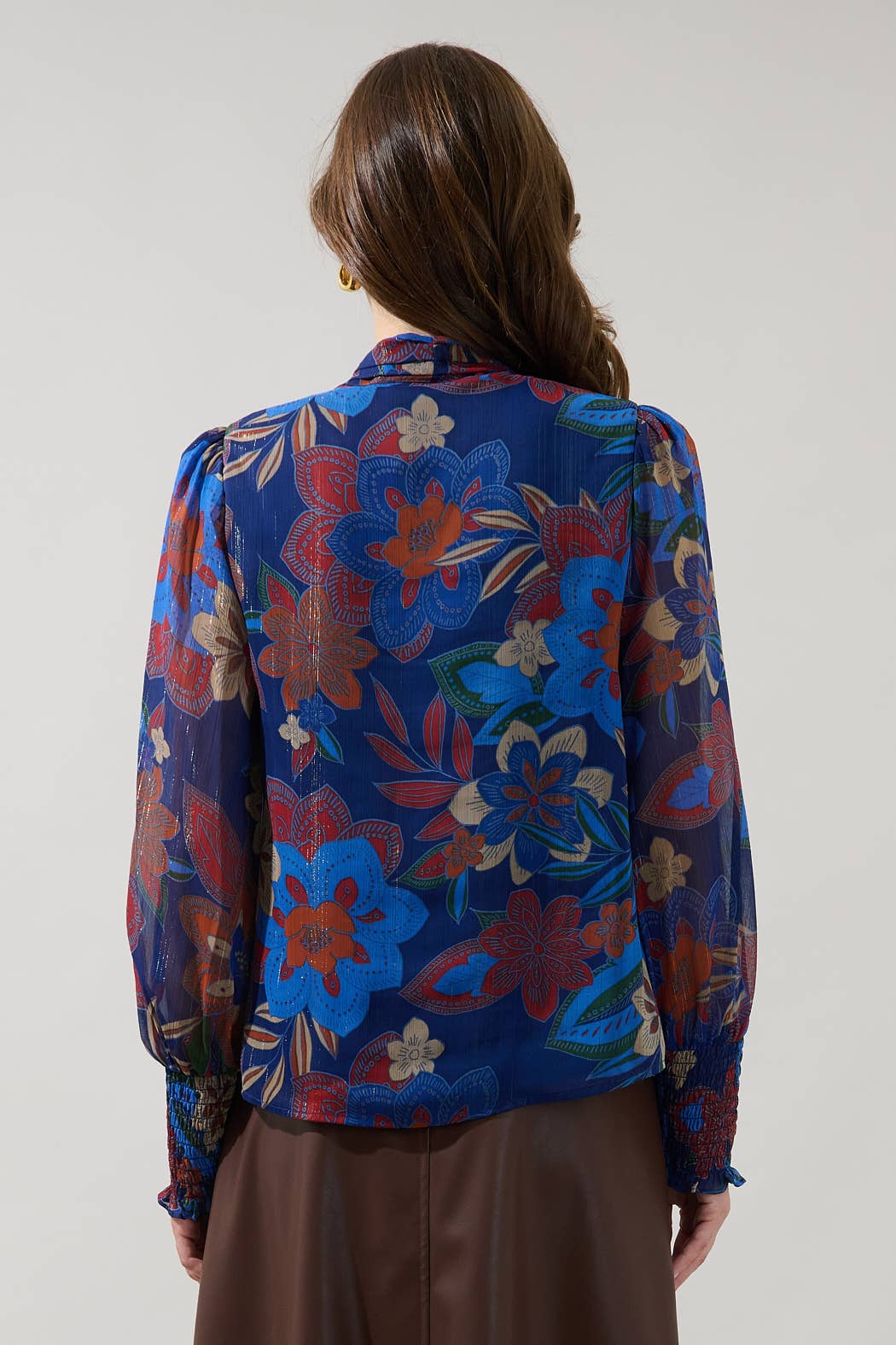 Etienne Tie Neck Long Sleeve Blouse Floral - Navy Multi