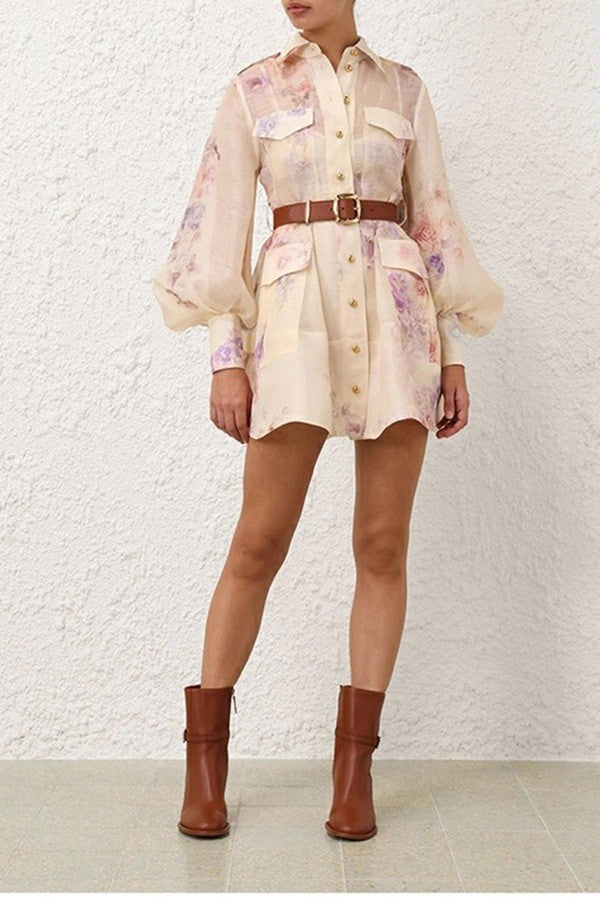 Floral Print Mini Shirt Dress - Apricot