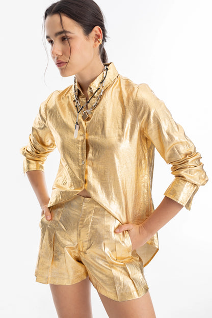 Frida Metallic Linen Shorts - Gold
