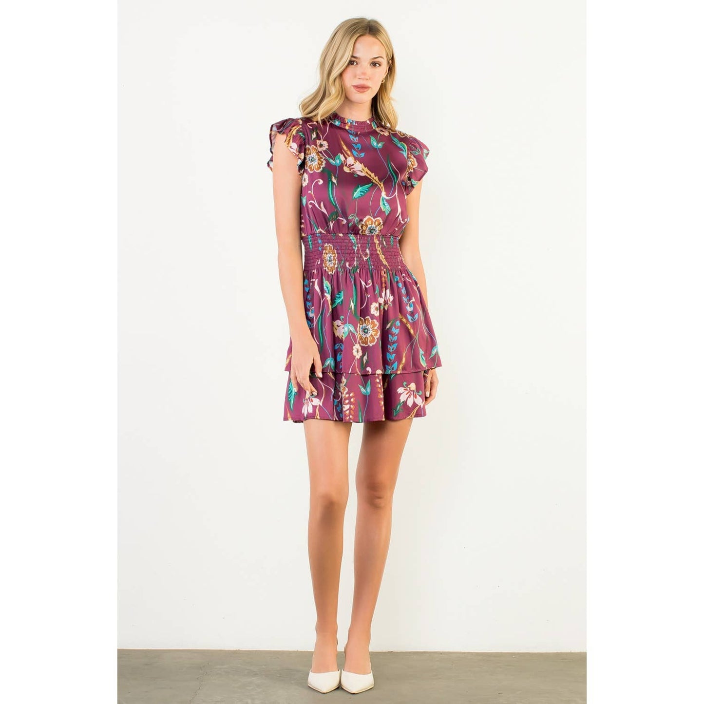 Smocked Waist Flutter Sleeve Dress - Burgundy