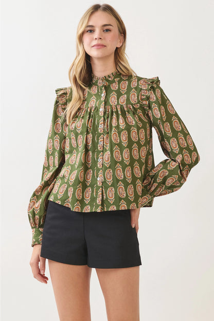 Paisley Print Button Down Shirt - Olive