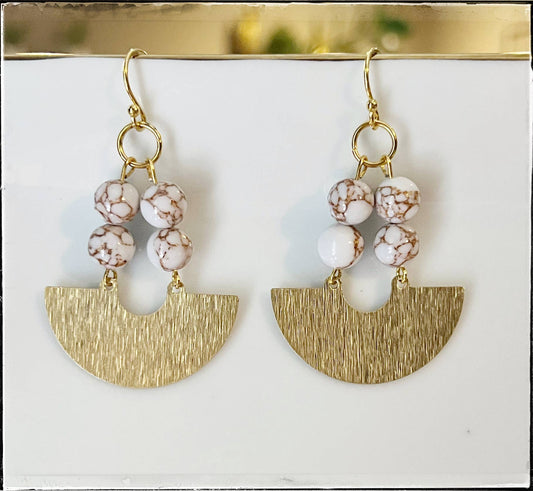 Brass Gold Huggie Hoop Circle Dangle Earring - Gold Lace Bead