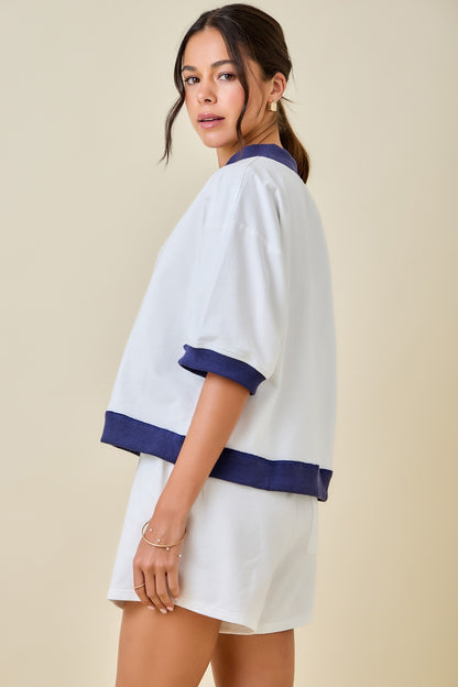 Mockneck Colorblock Short Sleeve Sweatshirt - Off White/Navy